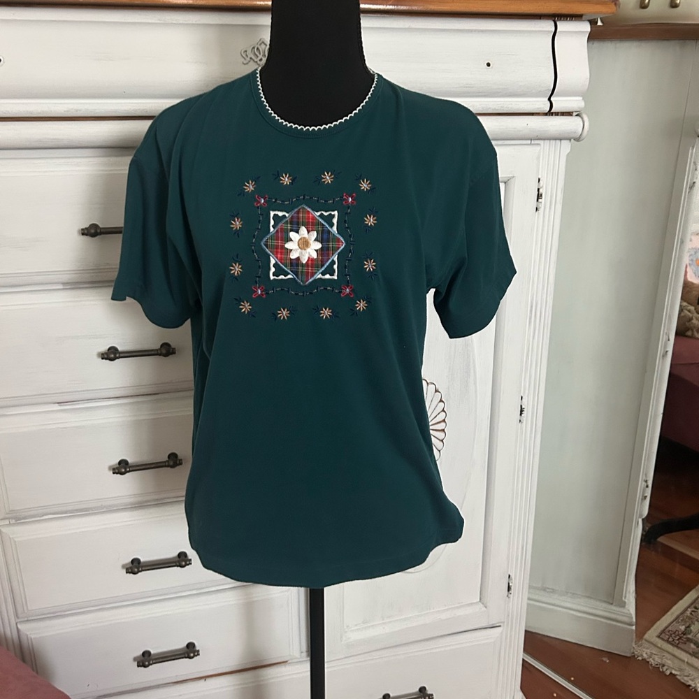 Vintage America Teal Short Sleeve Tee with Embroidered Design